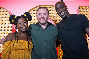 Live At The Apollo. Image shows from L to R: Sophie Duker, Chris McCausland, Emmanuel Sonubi. Copyright: Open Mike Productions