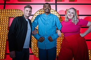 Live At The Apollo. Image shows from L to R: Scott Bennett, Loyiso Gola, Helen Bauer. Copyright: Open Mike Productions