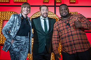 Live At The Apollo. Image shows from L to R: Maisie Adam, Jason Manford, Nabil Abdulrashid