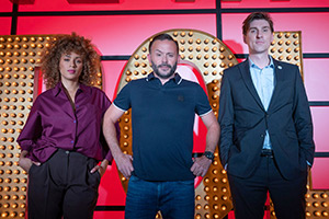 Live At The Apollo. Image shows left to right: Michelle De Swarte, Geoff Norcott, Sean McLoughlin