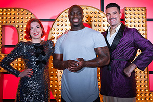 Live At The Apollo. Image shows left to right: Olga Koch, Emmanuel Sonubi, Milo McCabe