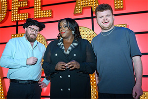 Live At The Apollo. Image shows left to right: John Kearns, Judi Love, Dan Tiernan