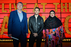 Live At The Apollo. Image shows left to right: Jamie MacDonald, Joel Dommett, Fatiha El-Ghorri