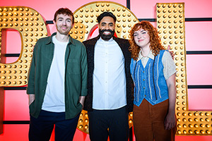 Live At The Apollo. Image shows left to right: Ian Smith, Paul Chowdhry, Ania Magliano