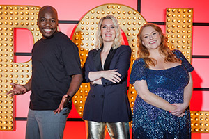 Live At The Apollo. Image shows left to right: Eddie Kadi, Sara Pascoe, Amy Gledhill