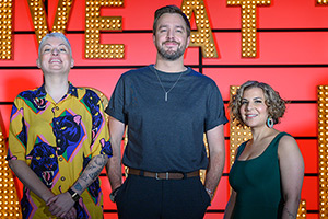 Live At The Apollo. Image shows left to right: Harriet Dyer, Iain Stirling, Maria Shehata