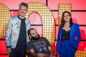 Live At The Apollo. Image shows left to right: Stuart Goldsmith, Tim Renkow, Janine Harouni