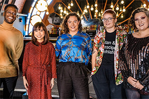 Live From Aberystwyth Pier. Image shows from L to R: Tadiwa Mahlunge, Yuriko Kotani, Jessica Fostekew, Cerys Bradley, Kiri Pritchard-McLean