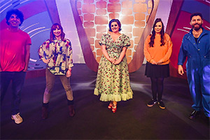 Live From Barry Island. Image shows left to right: Ray Badran, Isy Suttie, Kiri Pritchard-McLean, Anna Thomas, Morgan Rees