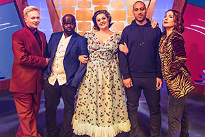 Live From Barry Island. Image shows left to right: Stephen Bailey, Daliso Chaponda, Kiri Pritchard-McLean, Leroy Brito, Sara Barron