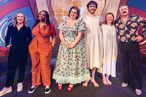 Live From Barry Island. Image shows left to right: Annie McGrath, Sikisa, Kiri Pritchard-McLean, Edward Easton, Kath Hughes, Mike Bubbins