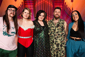 Live From Merthyr Tydfil. Image shows left to right: Paul Hilleard, Esyllt Sears, Kiri Pritchard-McLean, Morgan Rees, Mel Owen