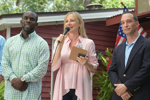 Living The Dream. Image shows from L to R: Paul (Jimmy Akingbola), Jen Pemberton (Lesley Sharp), British Consul (Peter Leake). Copyright: Big Talk Productions