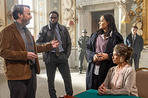 Ludwig. Image shows left to right: John 'Ludwig' Taylor (David Mitchell), DI Russell Carter (Dipo Ola), DS Alice Finch (Izuka Hoyle), Lady Camilla Bryce (Felicity Kendal), DC Simon Evans (Gerran Howell)