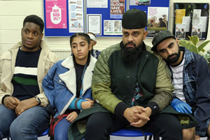 Man Like Mobeen. Image shows from L to R: Nate (Tolulope Ogunmefun), Aks (Duaa Karim), Mobeen (Guz Khan), Eight (Tez Ilyas)