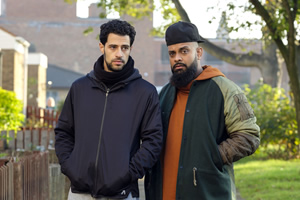 Man Like Mobeen. Image shows from L to R: Cal (David Avery), Mobeen (Guz Khan)