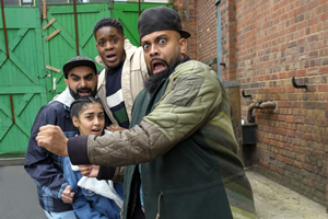 Man Like Mobeen. Image shows from L to R: Eight (Tez Ilyas), Aks (Duaa Karim), Nate (Tolulope Ogunmefun), Mobeen (Guz Khan)