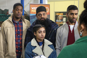 Man Like Mobeen. Image shows from L to R: Nate (Tolulope Ogunmefun), Aks (Duaa Karim), Mobeen (Guz Khan), Nav (Nikesh Patel)