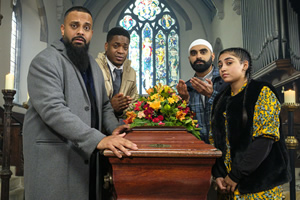 Man Like Mobeen. Image shows from L to R: Mobeen (Guz Khan), Nate (Tolulope Ogunmefun), Eight (Tez Ilyas), Aks (Duaa Karim)