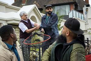 Man Like Mobeen. Image shows from L to R: Nate (Tolulope Ogunmefun), Uncle Shady (Mark Silcox), Eight (Tez Ilyas), Mobeen (Guz Khan)