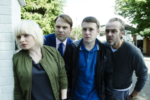 Marley's Ghosts. Image shows from L to R: Shelley (Sydney Rae White), Michael Walton (Nicholas Burns), Vince (Jack Bence), Adam Wise (John Hannah)