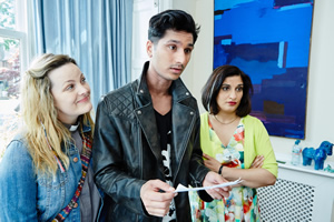 Marley's Ghosts. Image shows from L to R: Vicar (Jo Joyner), Gary Jarvis (Harman Singh), Tina Jarvis (Mina Anwar)