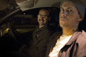 Max & Ivan: In Conversation. Image shows from L to R: Driver (Ivan Gonzalez), Hitchhiker (Max Olesker)