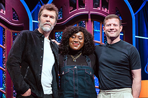 Mel Giedroyc: Unforgivable. Image shows from L to R: Rhod Gilbert, Susan Wokoma, Dermot O'Leary