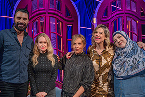 Mel Giedroyc: Unforgivable. Image shows left to right: Rylan Clark-Neal, Lucy Beaumont, Mel Giedroyc, Lou Sanders, Fatiha El-Ghorri