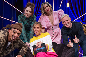 Mel Giedroyc: Unforgivable. Image shows left to right: Jordan Stephens, Fern Brady, Mel Giedroyc, Lou Sanders, Jamie Laing