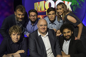 Mock The Week. Image shows from L to R: Josh Widdicombe, Hugh Dennis, Gary Delaney, Dara O Briain, Ed Gamble, Nish Kumar, Tiffany Stevenson