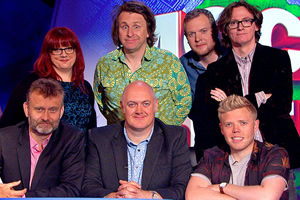 Mock The Week. Image shows from L to R: Hugh Dennis, Angela Barnes, Dara O Briain, Milton Jones, Miles Jupp, Ed Byrne, Rob Beckett