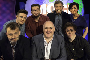 Mock The Week. Image shows from L to R: Hugh Dennis, Ed Gamble, Gary Delaney, Dara O Briain, Rob Beckett, Rhys James, Zoe Lyons