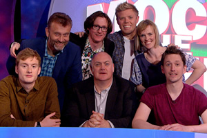 Mock The Week. Image shows from L to R: James Acaster, Hugh Dennis, Ed Byrne, Dara O Briain, Rob Beckett, Holly Walsh, John Robins. Copyright: Angst Productions