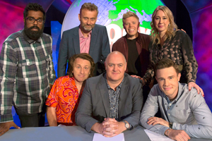 Mock The Week. Image shows from L to R: Romesh Ranganathan, Milton Jones, Hugh Dennis, Dara O Briain, Rob Beckett, Tiffany Stevenson, Ed Gamble. Copyright: Angst Productions