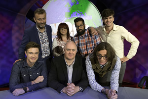 Mock The Week. Image shows from L to R: Ed Gamble, Hugh Dennis, Angela Barnes, Dara O Briain, Romesh Ranganathan, Ivo Graham. Copyright: Angst Productions