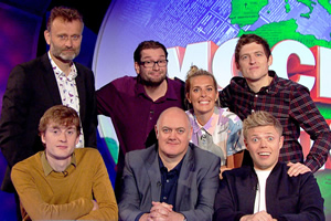 Mock The Week. Image shows from L to R: James Acaster, Hugh Dennis, Gary Delaney, Dara O Briain, Sara Pascoe, Elis James, Rob Beckett. Copyright: Angst Productions