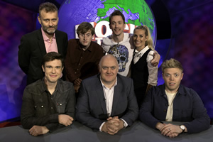 Mock The Week. Image shows from L to R: Hugh Dennis, Ed Gamble, James Acaster, Dara O Briain, John Robins, Sara Pascoe, Rob Beckett. Copyright: Angst Productions