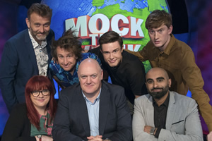 Mock The Week. Image shows from L to R: Hugh Dennis, Angela Barnes, Milton Jones, Dara O Briain, Ed Gamble, Tez Ilyas, James Acaster. Copyright: Angst Productions