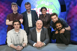 Mock The Week. Image shows from L to R: James Acaster, Rhys James, Hugh Dennis, Dara O Briain, Zoe Lyons, Ed Gamble, Nish Kumar. Copyright: Angst Productions