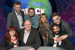 Mock The Week. Image shows from L to R: Angela Barnes, Hugh Dennis, Dara O Briain, Gary Delaney, Kerry Godliman, Nish Kumar, Ed Gamble. Copyright: Angst Productions