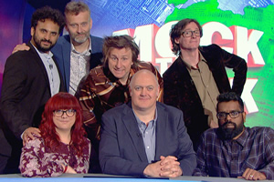 Mock The Week. Image shows from L to R: Nish Kumar, Angela Barnes, Hugh Dennis, Milton Jones, Dara O Briain, Ed Byrne, Romesh Ranganathan. Copyright: Angst Productions