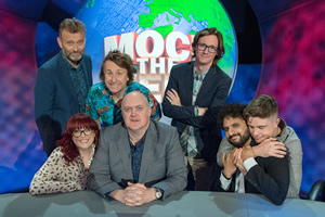 Mock The Week. Image shows from L to R: Hugh Dennis, Angela Barnes, Milton Jones, Dara O Briain, Ed Byrne, Nish Kumar, Ed Gamble. Copyright: Angst Productions