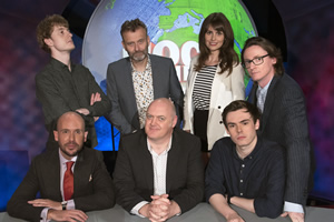 Mock The Week. Image shows from L to R: Tom Allen, James Acaster, Hugh Dennis, Dara O Briain, Ellie Taylor, Rhys James, Ed Byrne. Copyright: Angst Productions