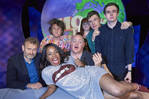 Mock The Week. Image shows from L to R: Hugh Dennis, London Hughes, Milton Jones, Dara O Briain, Angela Barnes, Ed Gamble, Rhys James. Copyright: Angst Productions