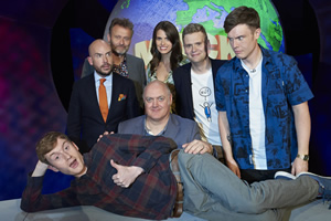 Mock The Week. Image shows from L to R: James Acaster, Tom Allen, Hugh Dennis, Dara O Briain, Ellie Taylor, Ari Eldjárn, Ed Gamble. Copyright: Angst Productions