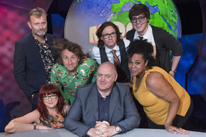 Mock The Week. Image shows from L to R: Hugh Dennis, Angela Barnes, Milton Jones, Dara O Briain, Ed Byrne, Desiree Burch, Glenn Moore. Copyright: Angst Productions