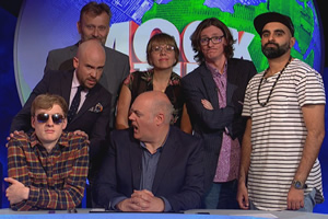 Mock The Week. Image shows from L to R: James Acaster, Tom Allen, Hugh Dennis, Dara O Briain, Kerry Godliman, Ed Byrne, Tez Ilyas. Copyright: Angst Productions