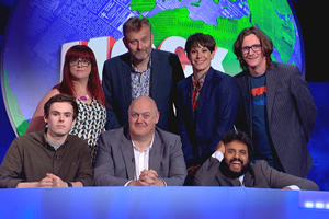 Mock The Week. Image shows from L to R: Rhys James, Angela Barnes, Hugh Dennis, Dara O Briain, Suzi Ruffell, Nish Kumar, Ed Byrne. Copyright: Angst Productions