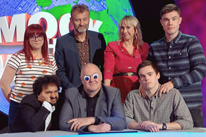 Mock The Week. Image shows from L to R: Angela Barnes, Nish Kumar, Hugh Dennis, Dara O Briain, Tiffany Stevenson, Rhys James, Ed Gamble. Copyright: Angst Productions